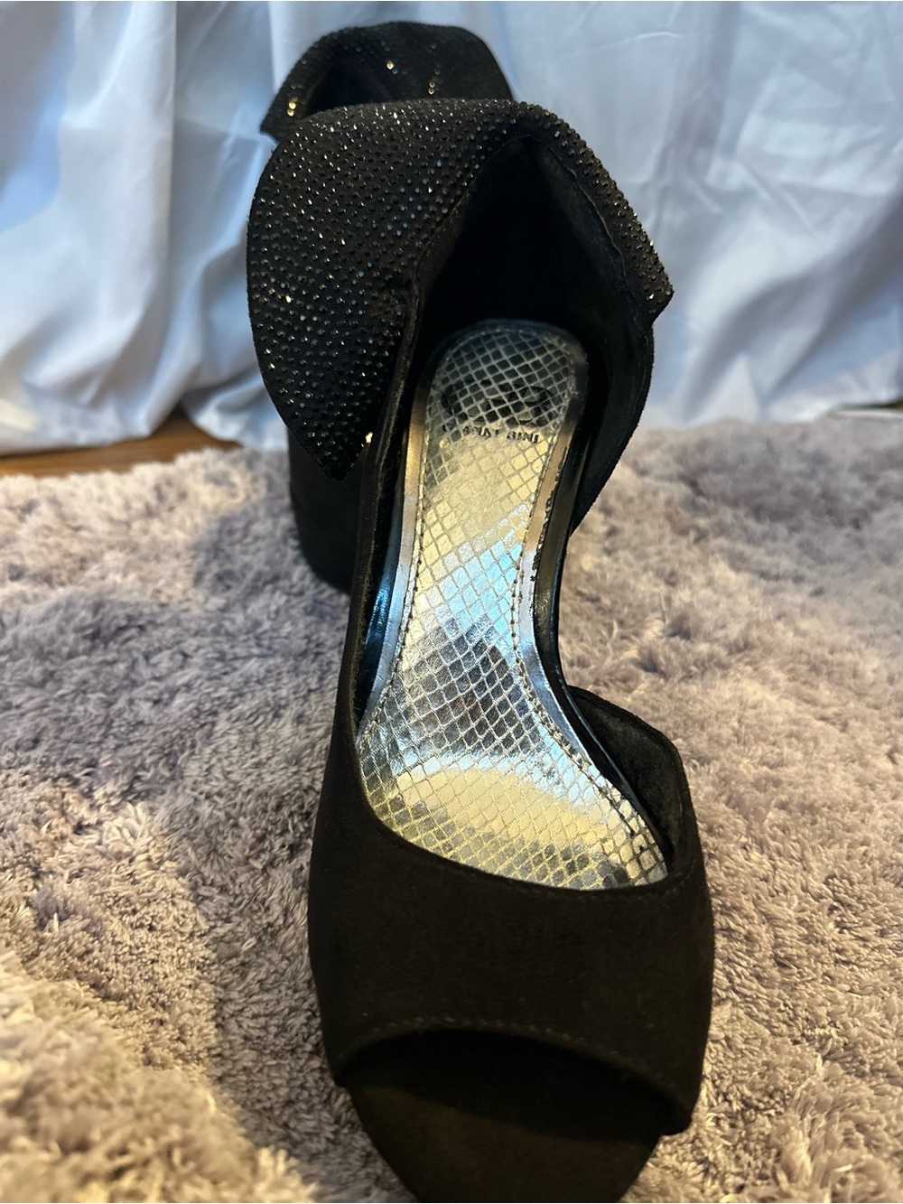 Gianni Bini Black Bow Beaded Peep Toe Stiletto Suede Pumps